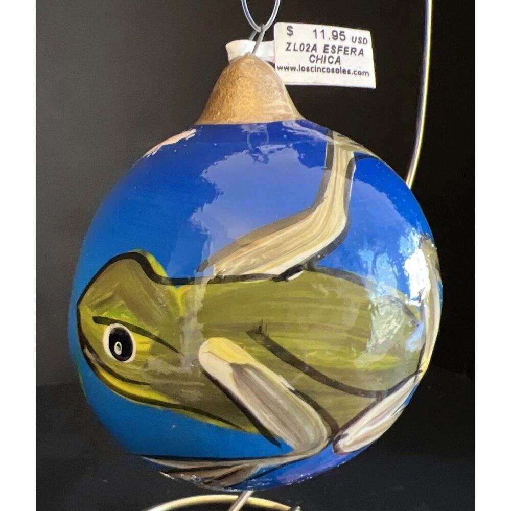 Mexican Hand Painted Folk Art Christmas Ornament Round Frog Blue